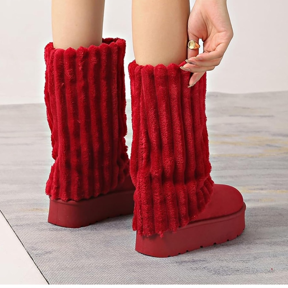 Women's Platform Fur Boots, Fuzzy Fleece Lined Mid-Calf Booties, Anti-Slip Red
